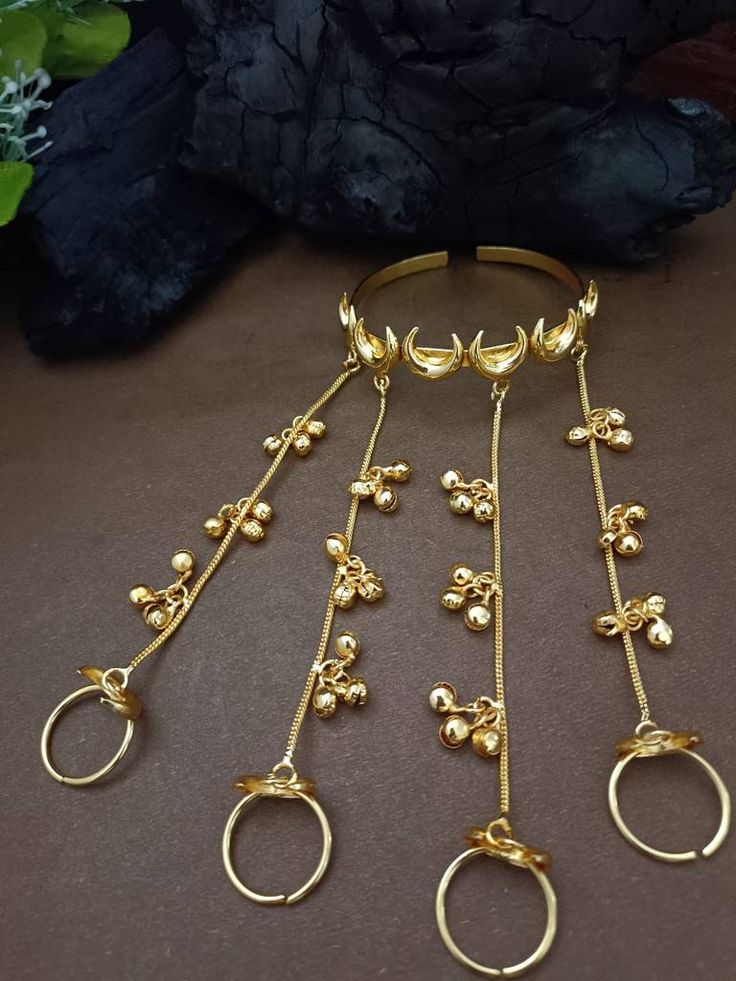 Gold Plated Crescent Moon Kashmiri Hathphool | Traditional Hand Harness with Adjustable Rings
