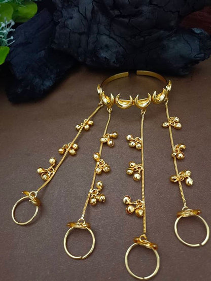 Gold Plated Crescent Moon Kashmiri Hathphool | Traditional Hand Harness with Adjustable Rings