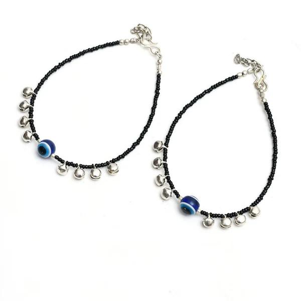 Black Beaded Evil Eye Anklets Pair | Silver Charms & Ghungroo Payal