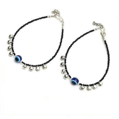 Black Beaded Evil Eye Anklets Pair | Silver Charms & Ghungroo Payal