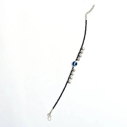Black Beaded Evil Eye Anklets Pair | Silver Charms & Ghungroo Payal