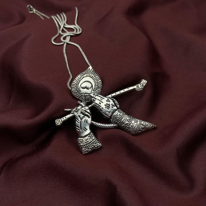 Oxidized Silver Lord Krishna Flute Pendant Necklace | Divine Flute Hands