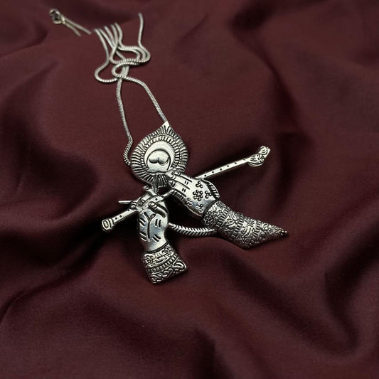 Oxidized Silver Lord Krishna Flute Pendant Necklace | Divine Flute Hands