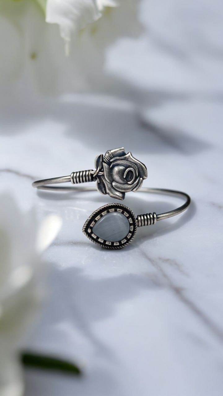 Oxidised Silver Rose Flower Bracelet with Monalisa Stone