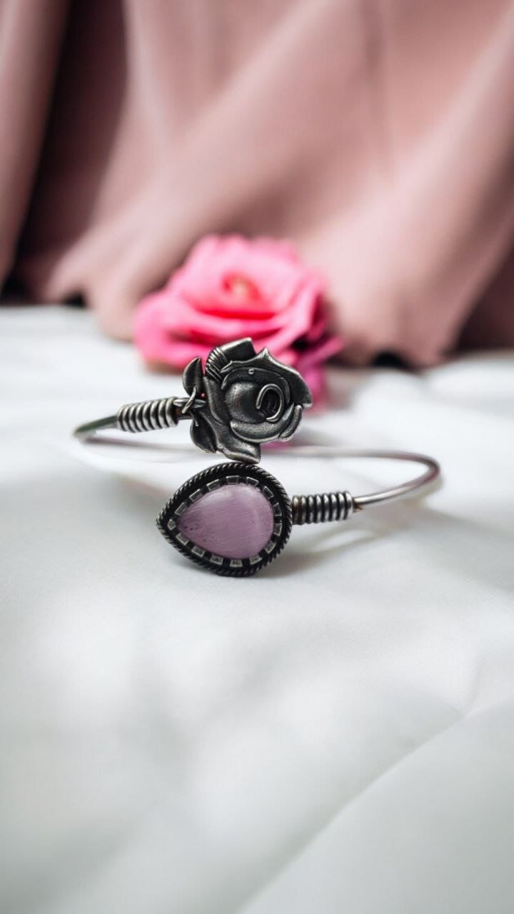 Oxidised Silver Rose Flower Bracelet with Monalisa Stone