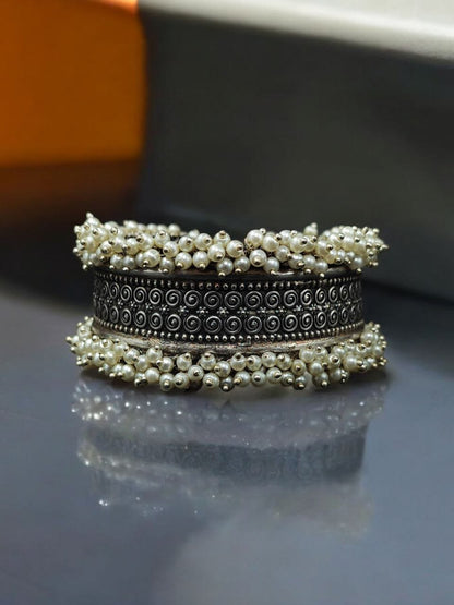 Stunning Oxidized Silver & Pearl Statement Bangle