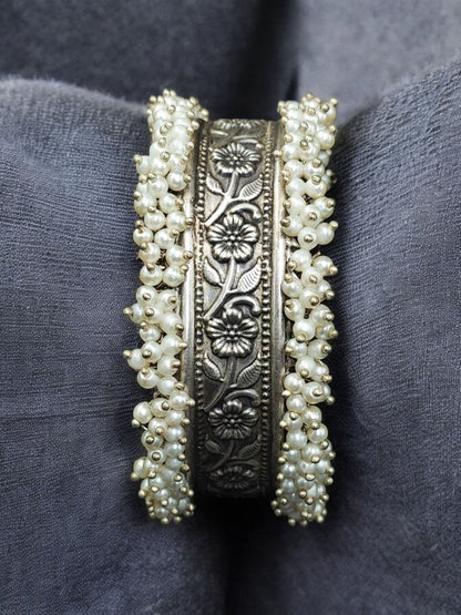Oxidized Silver Kada with Pearl  Unique Pearl Work - Traditional Indian Bangle Bracelet
