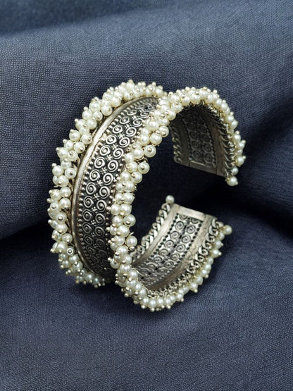 Stunning Oxidized Silver & Pearl Statement Bangle