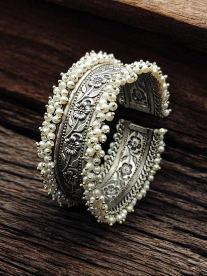Oxidized Silver Kada with Pearl  Unique Pearl Work - Traditional Indian Bangle Bracelet