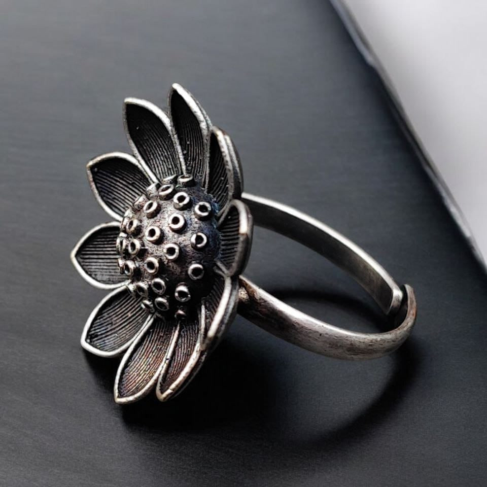 Adjustable Oxidized Silver Floral Ring | Layered Petal Statement Jewelry