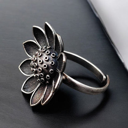 Adjustable Oxidized Silver Floral Ring | Layered Petal Statement Jewelry