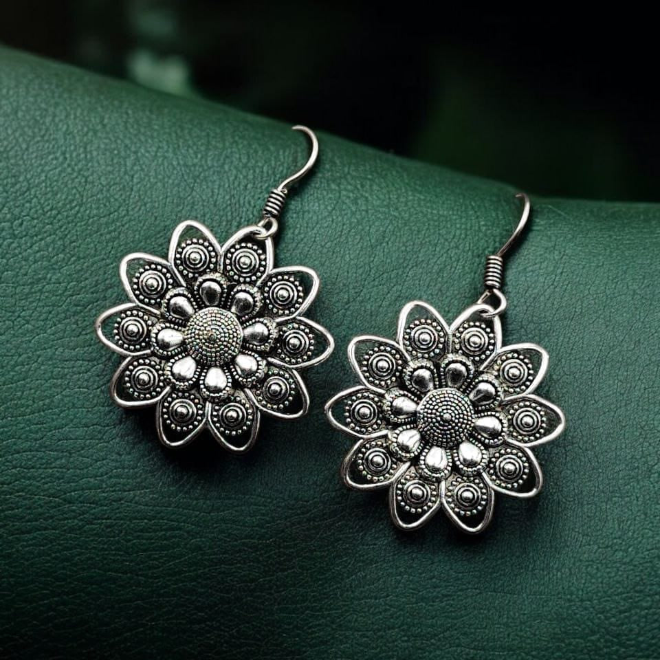 Intricate Oxidized Silver Mandala Flower Earrings