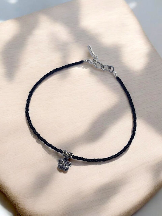 Handmade Black Cord Daisy Charm Anklet
