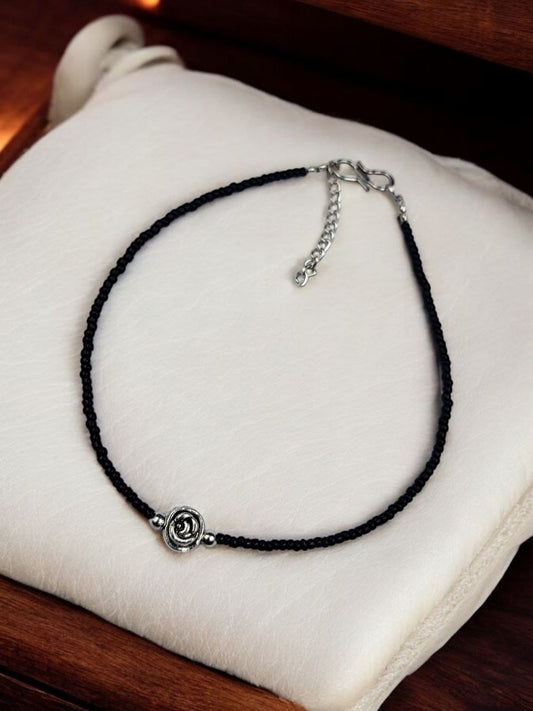 Handmade Black Beaded Rose Anklet - Adjustable