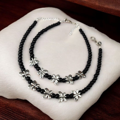 Adjustable Black Beaded Butterfly Anklet for Women - Dainty Silver Charm