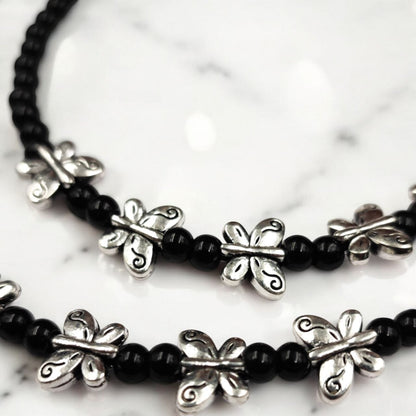 Adjustable Black Beaded Butterfly Anklet for Women - Dainty Silver Charm