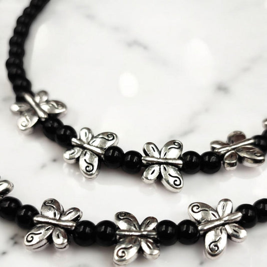 Adjustable Black Beaded Butterfly Anklet for Women - Dainty Silver Charm