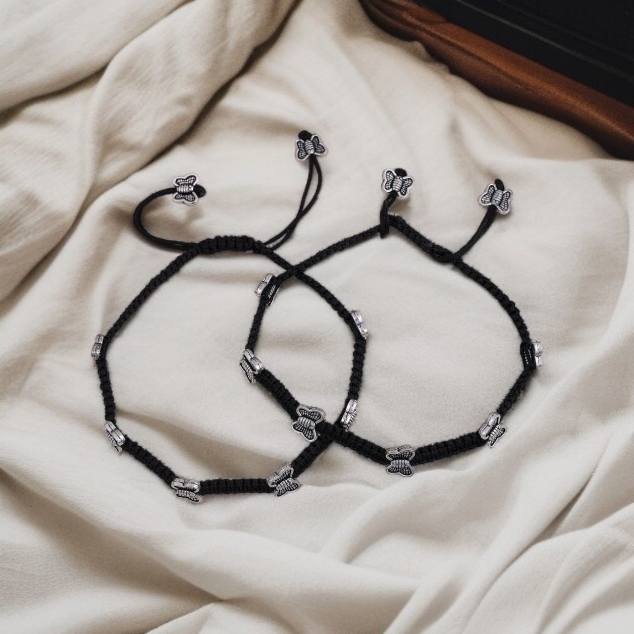 Delicate Black Thread Butterfly Charm Anklet - Adjustable