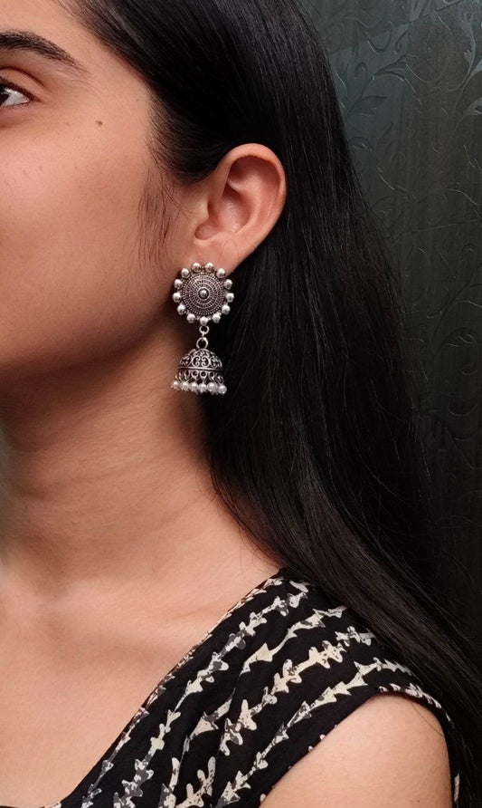Boho Oxidized Silver Jhumka with Pearl Drop Earrings | Intricate Pearl Beaded Indian Drop Jewellry