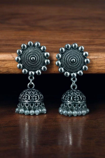 Boho Oxidized Silver Jhumka with Pearl Drop Earrings | Intricate Pearl Beaded Indian Drop Jewellry