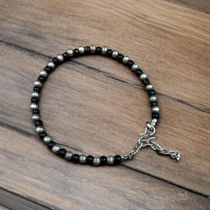 Silver Ball Black Anklet with Beautiful Stone Design