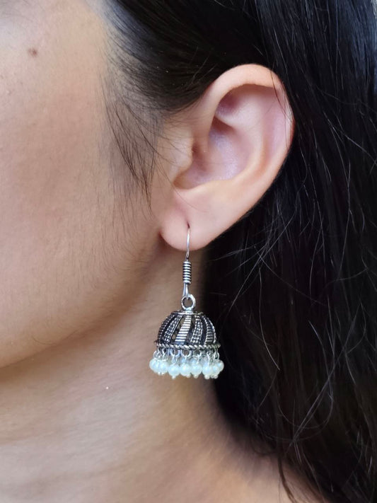 Oxidized Silver Mini Jhumka Earrings with Pearls | Small Traditional Indian Bell Dangles | Ethnic Charm Gift