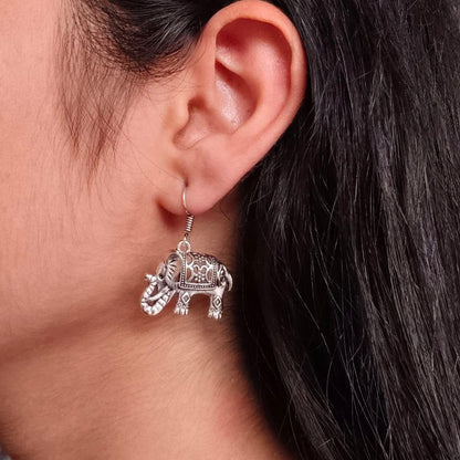 Good Luck Oxidized Silver Elephant Dangle Earrings | Detailed Indian Style Ethnic Drop Jewellry