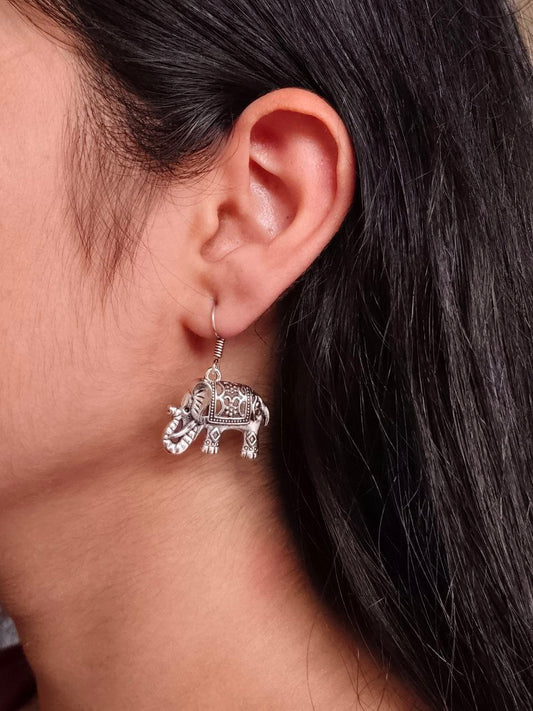 Good Luck Oxidized Silver Elephant Dangle Earrings | Detailed Indian Style Ethnic Drop Jewellry
