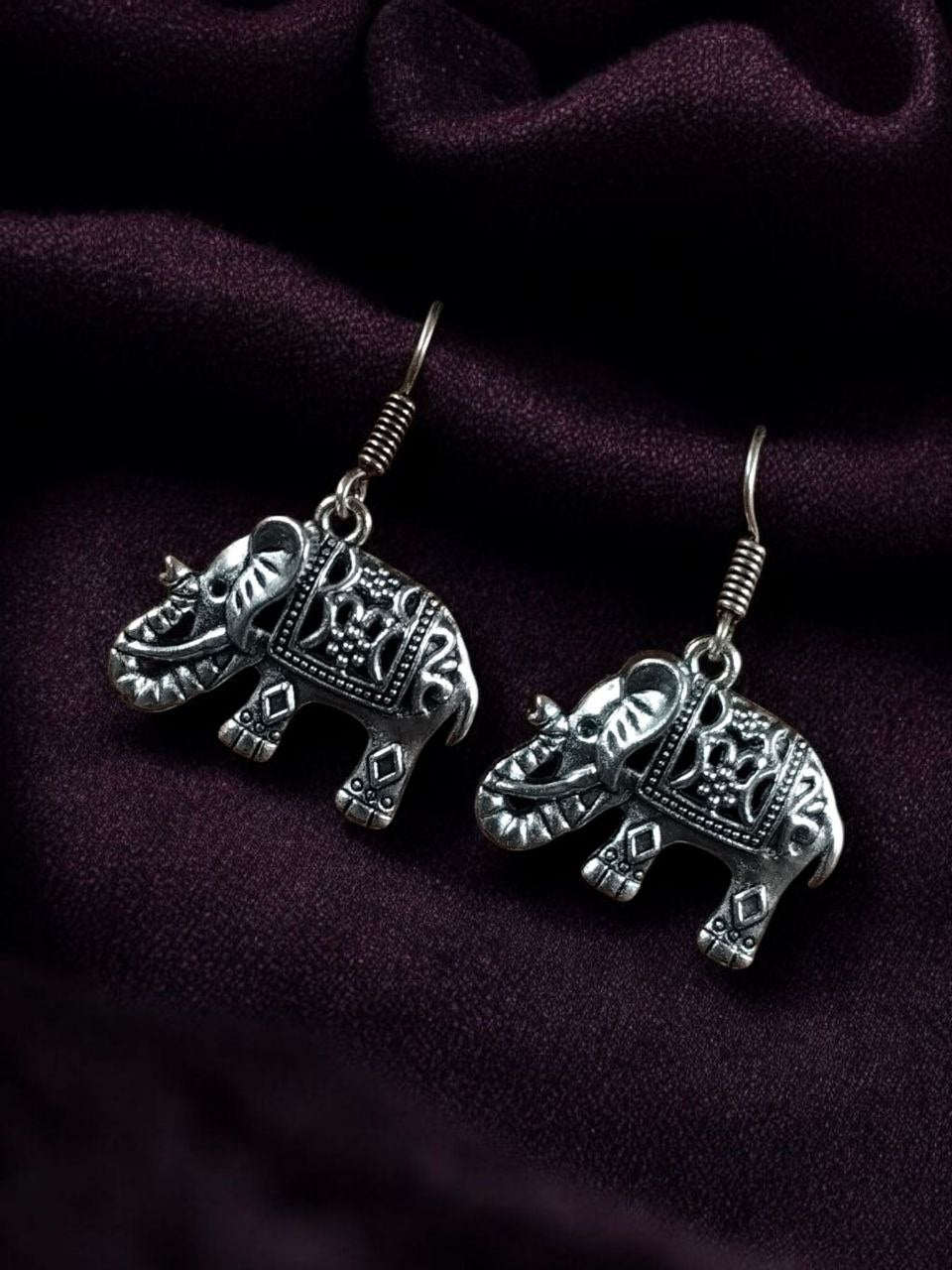 Good Luck Oxidized Silver Elephant Dangle Earrings | Detailed Indian Style Ethnic Drop Jewellry