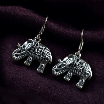 Good Luck Oxidized Silver Elephant Dangle Earrings | Detailed Indian Style Ethnic Drop Jewellry