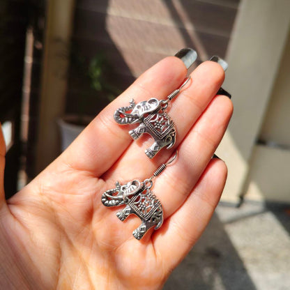 Good Luck Oxidized Silver Elephant Dangle Earrings | Detailed Indian Style Ethnic Drop Jewellry