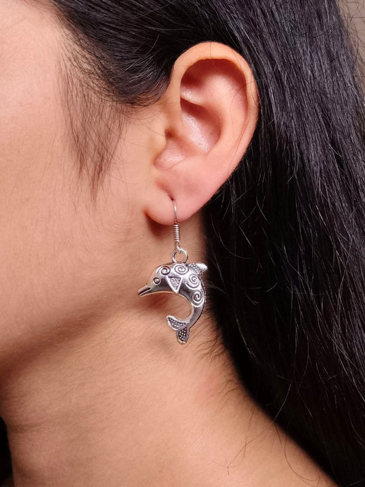 Playful Oxidized Silver Dolphin Dangle Earrings