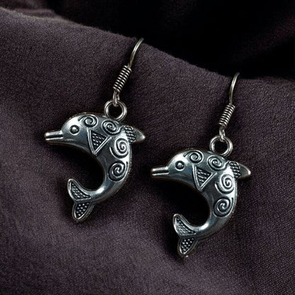Playful Oxidized Silver Dolphin Dangle Earrings