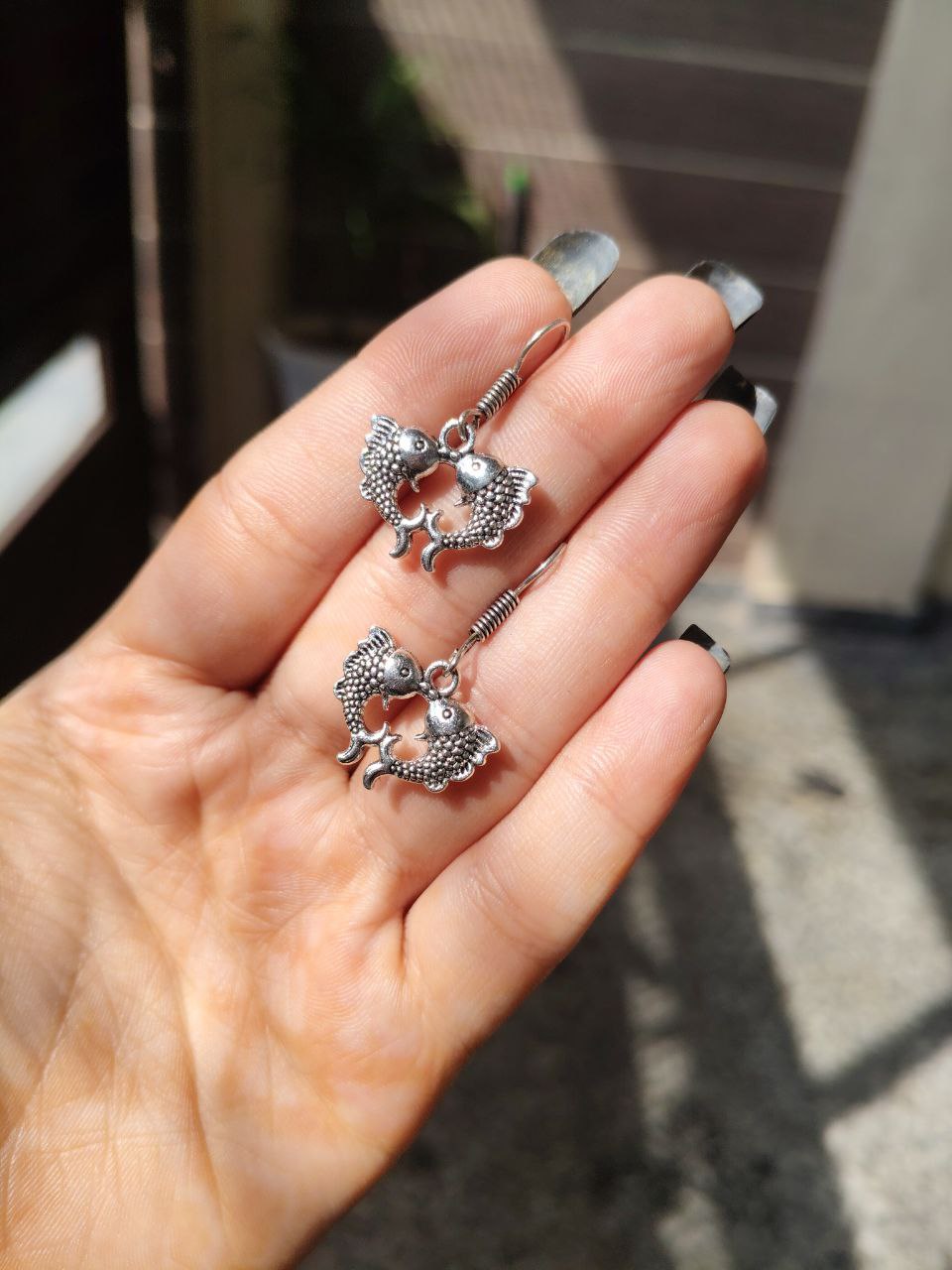 Handcrafted Oxidized Silver Fish Drop Earrings