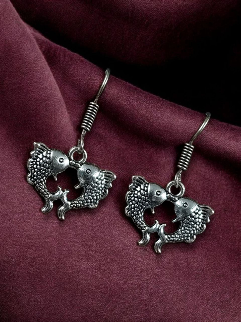 Handcrafted Oxidized Silver Fish Drop Earrings