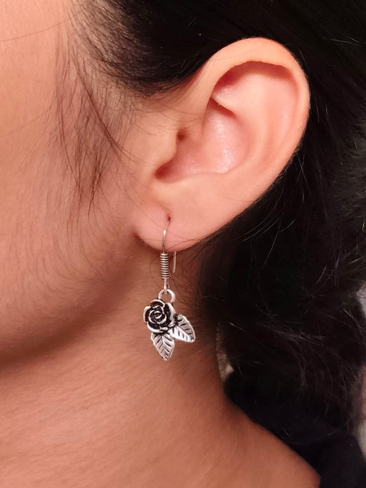 Oxidized Silver Rose and Leaf Drop Earrings