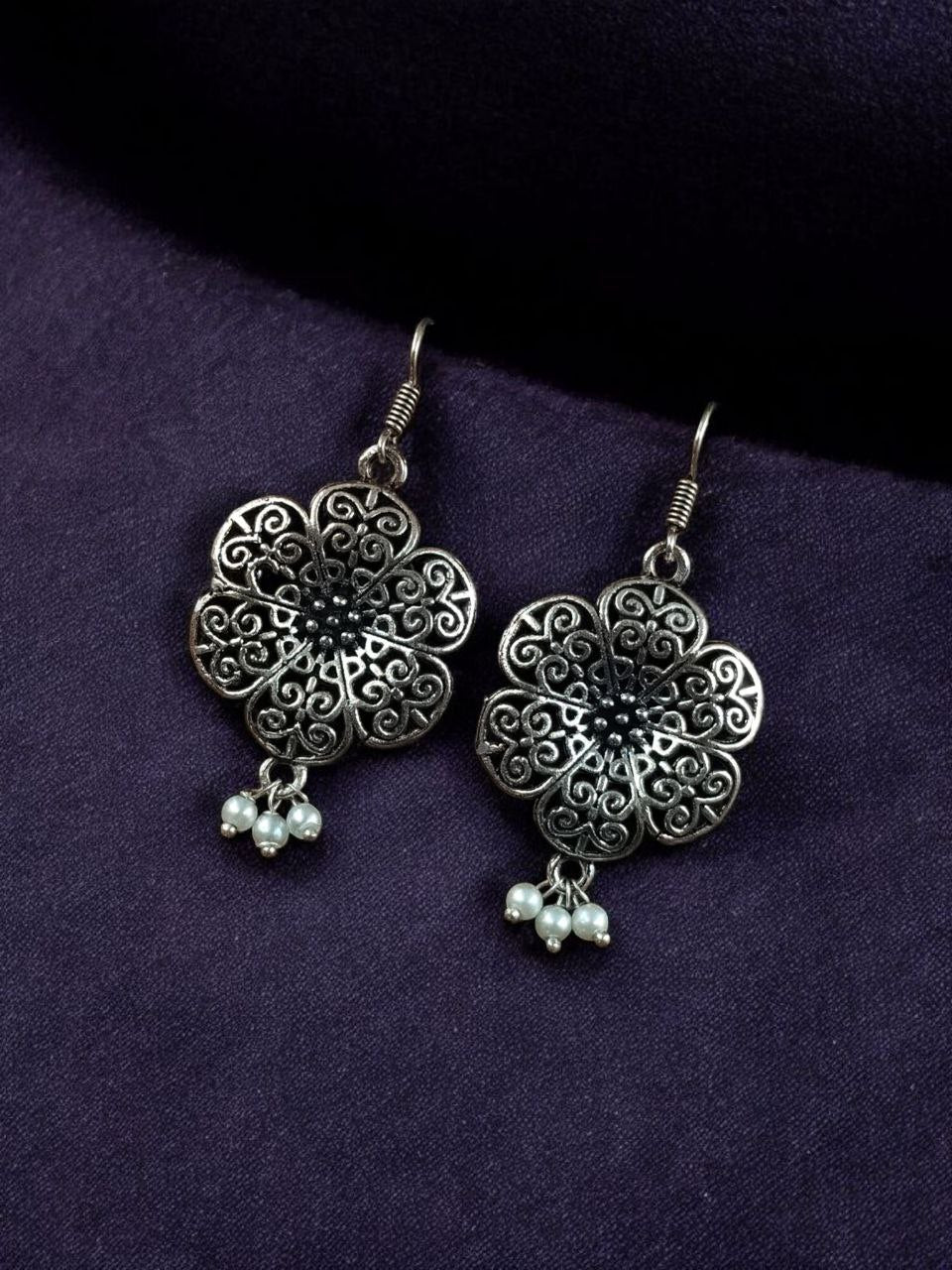 Intricate Oxidized Silver Filigree Flower Drop Earrings