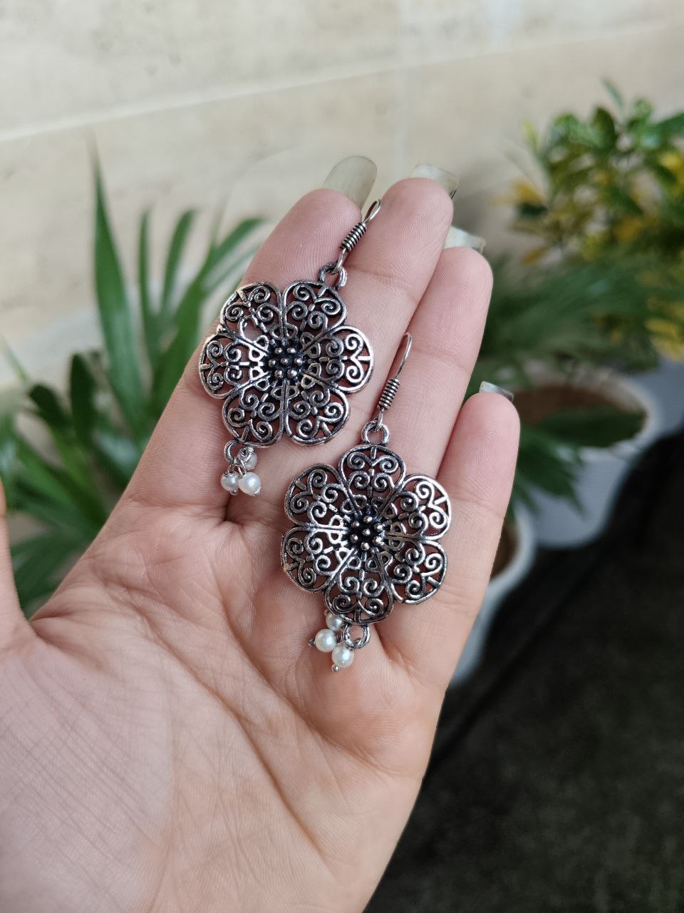 Intricate Oxidized Silver Filigree Flower Drop Earrings