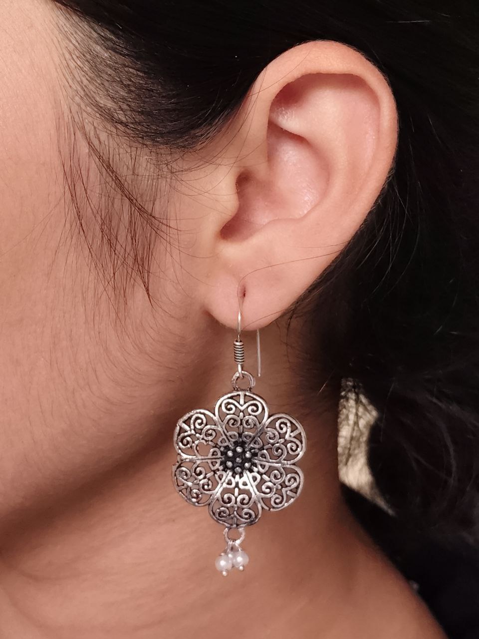 Intricate Oxidized Silver Filigree Flower Drop Earrings