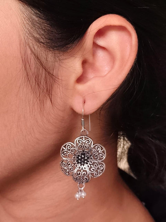 Intricate Oxidized Silver Filigree Flower Drop Earrings