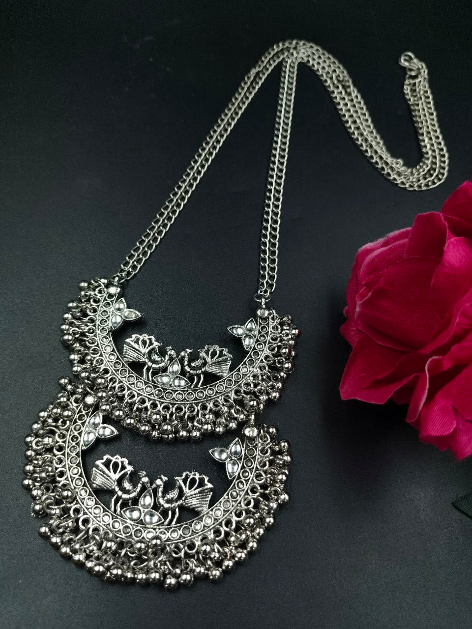 Traditional Silver Peacock Necklace – Handmade Stone Work Best Long Oxidized Jewellery