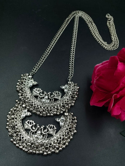 Traditional Silver Peacock Necklace – Handmade Stone Work Best Long Oxidized Jewellery