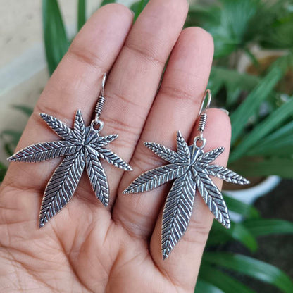 Statement Silver Maple/Pot Leaf Dangle Earrings