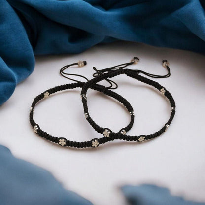 Adjustable Flower Beads Thread Silver Anklet