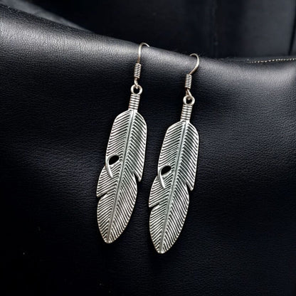 Oxidized Silver Feather Earrings | Long Boho Dangle Jewellry
