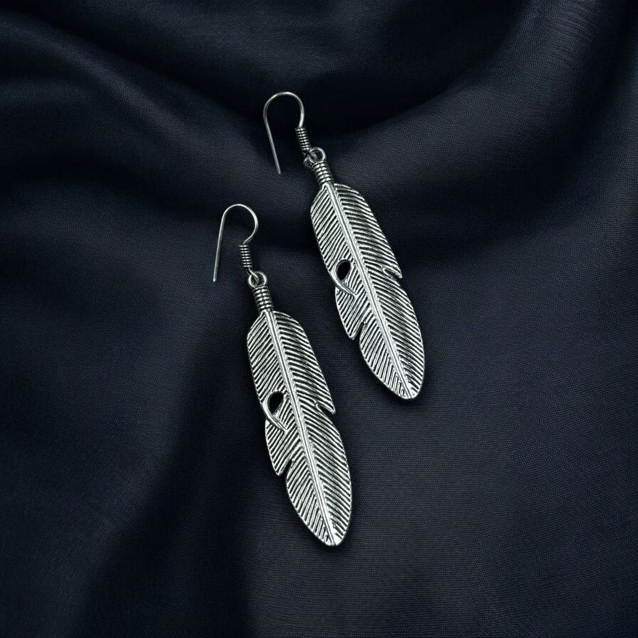 Oxidized Silver Feather Earrings | Long Boho Dangle Jewellry