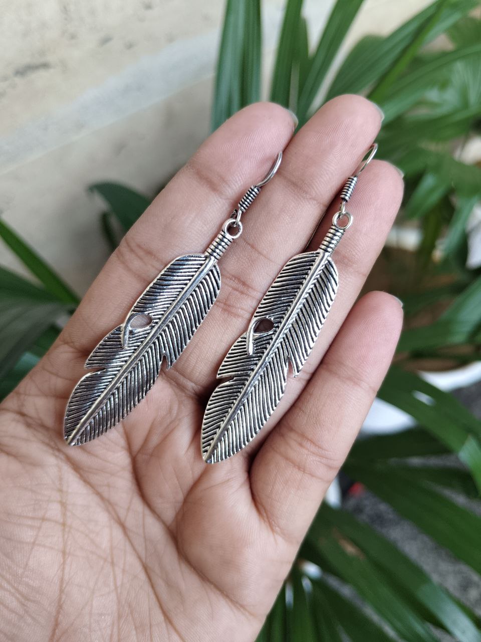 Oxidized Silver Feather Earrings | Long Boho Dangle Jewellry