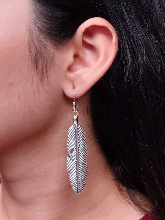 Oxidized Silver Feather Earrings | Long Boho Dangle Jewellry
