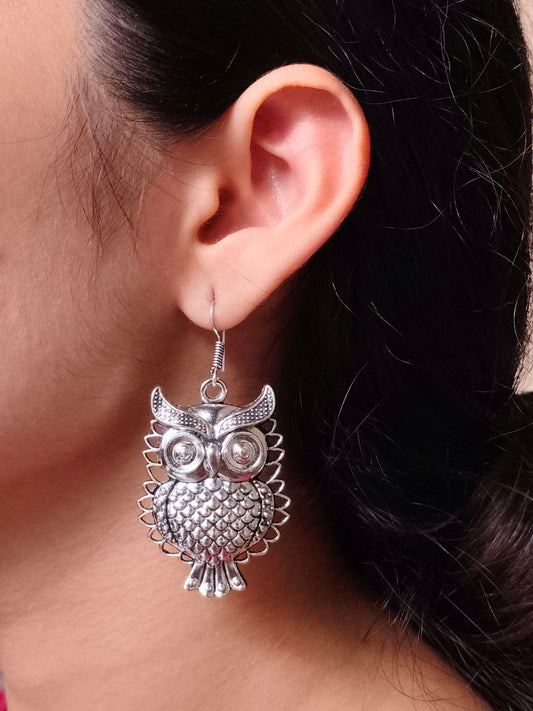 Oxidized Silver Owl Dangle Earrings | Bohemian Wise Owl Statement Jewellry for Women
