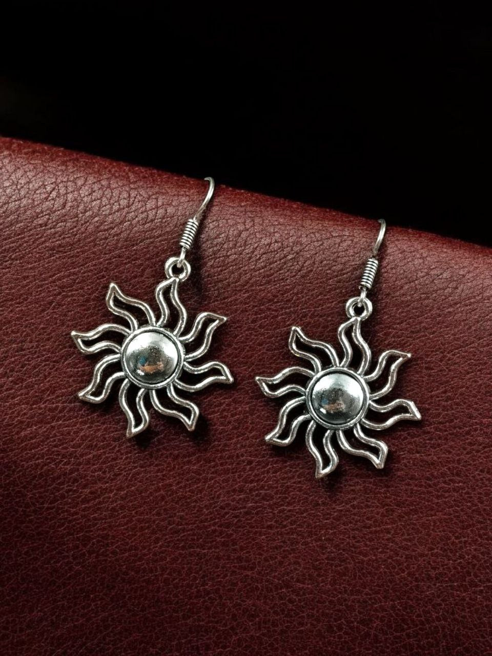 Oxidized Silver Sun Earrings | Bohemian Boho Celestial Dangle Drop Jewelry for Women & Girls